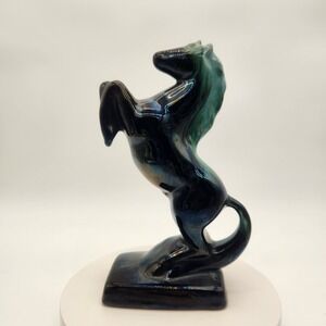 Blue Mountain Pottery (BMP) Rearing Stallion Figurine MCM Teal Drip Glaze Canada
